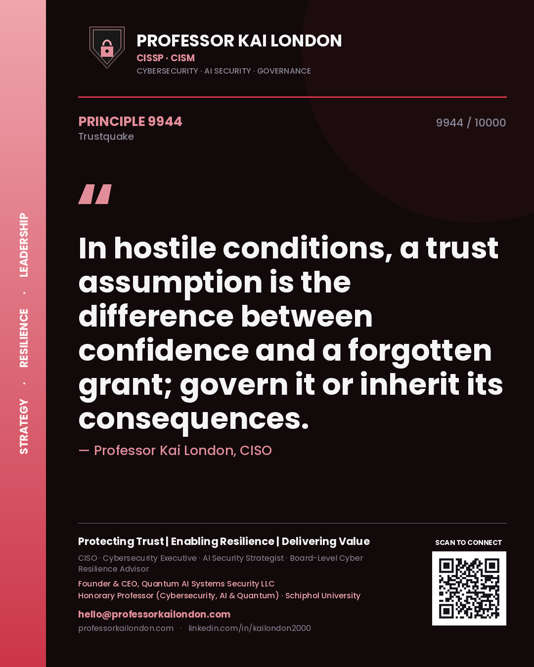 Quote card by Professor Kai London reading 'In hostile conditions, a trust assumption is the difference between confidence and a forgotten grant; govern it or inherit its consequences.'. From the book Trustquake.