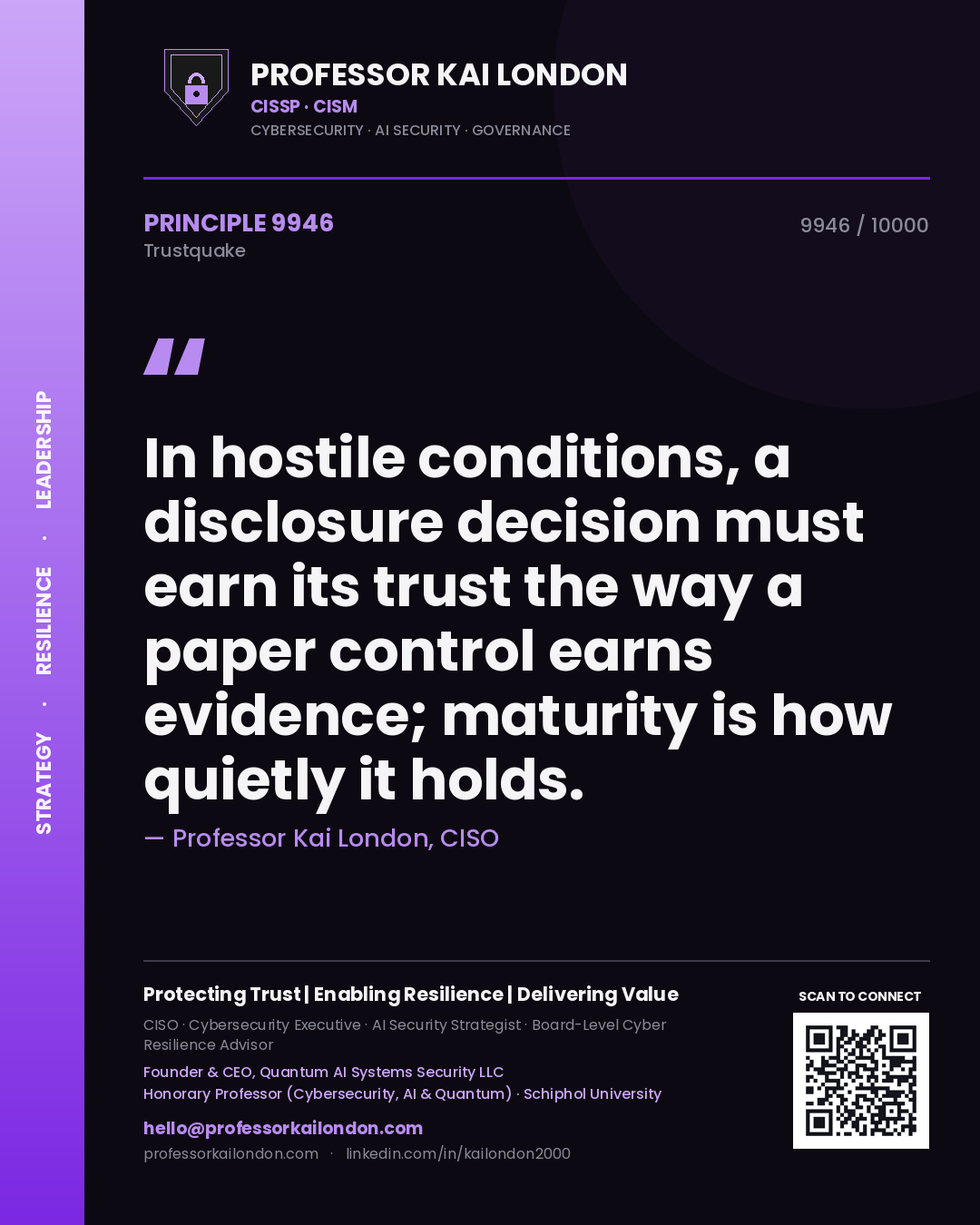 Quote card by Professor Kai London reading 'In hostile conditions, a disclosure decision must earn its trust the way a paper control earns evidence; maturity is how quietly it holds.'. From the book Trustquake.