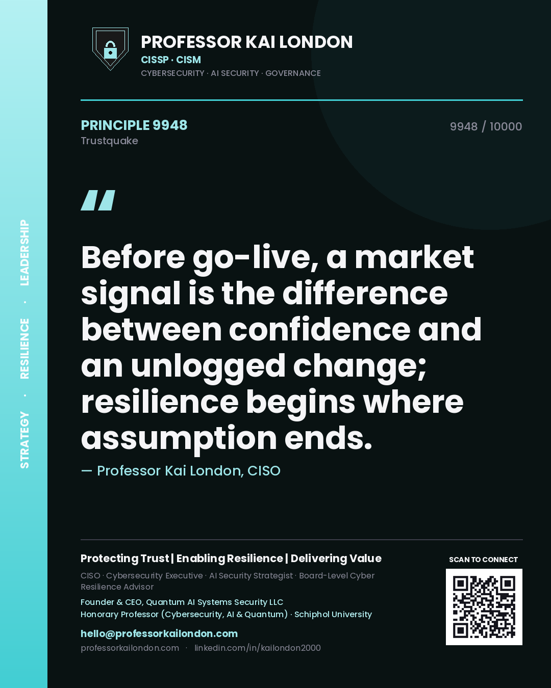 Quote card by Professor Kai London reading 'Before go-live, a market signal is the difference between confidence and an unlogged change; resilience begins where assumption ends.'. From the book Trustquake.