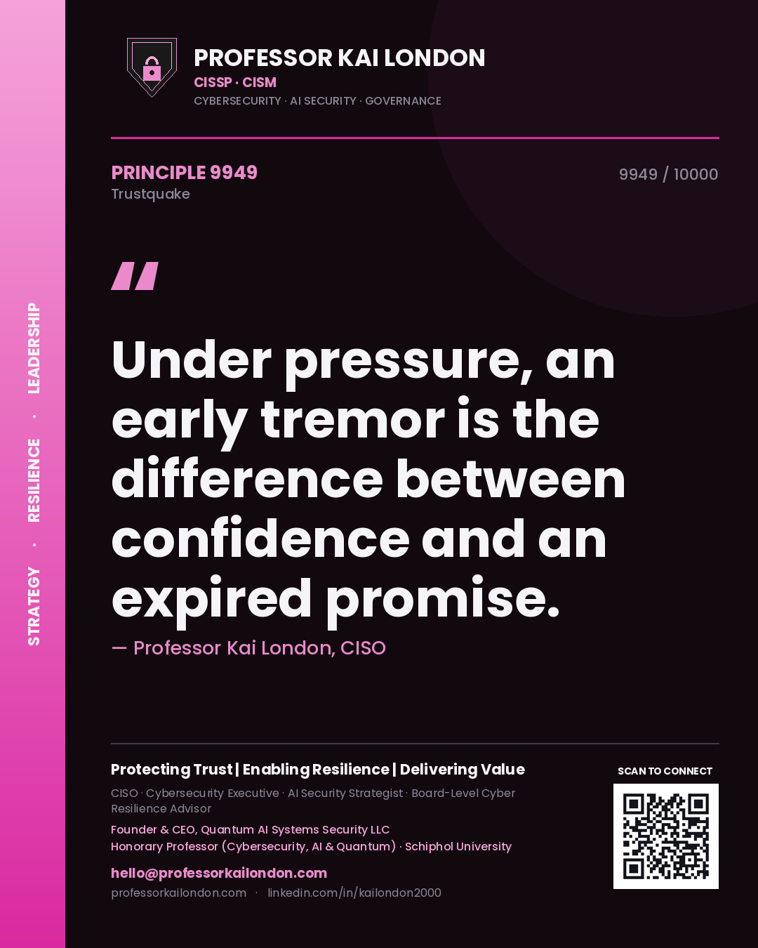 Quote card by Professor Kai London reading 'Under pressure, an early tremor is the difference between confidence and an expired promise.'. From the book Trustquake.