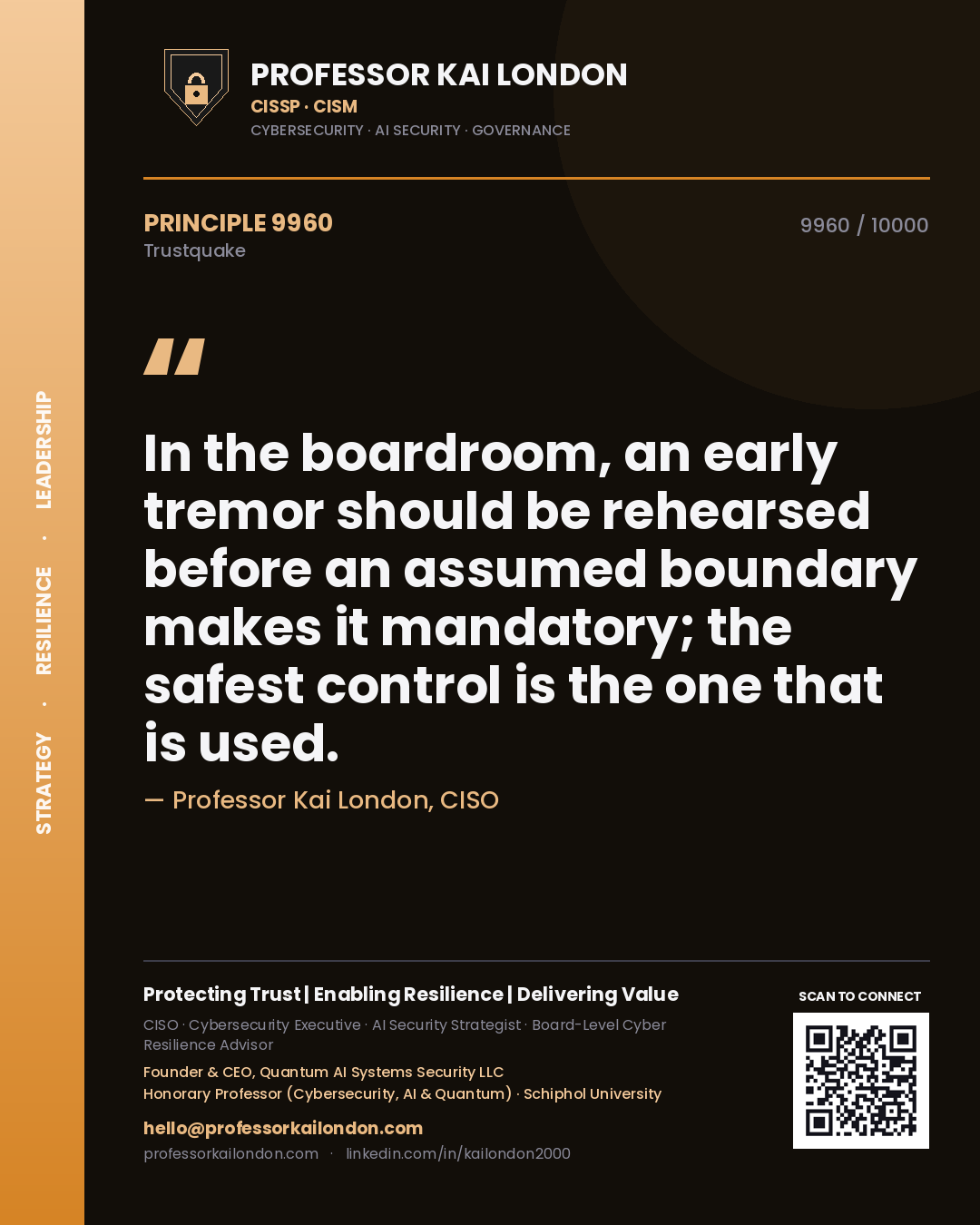 Quote card by Professor Kai London reading 'In the boardroom, an early tremor should be rehearsed before an assumed boundary makes it mandatory; the safest control is the one that is used.'. From the book Trustquake.