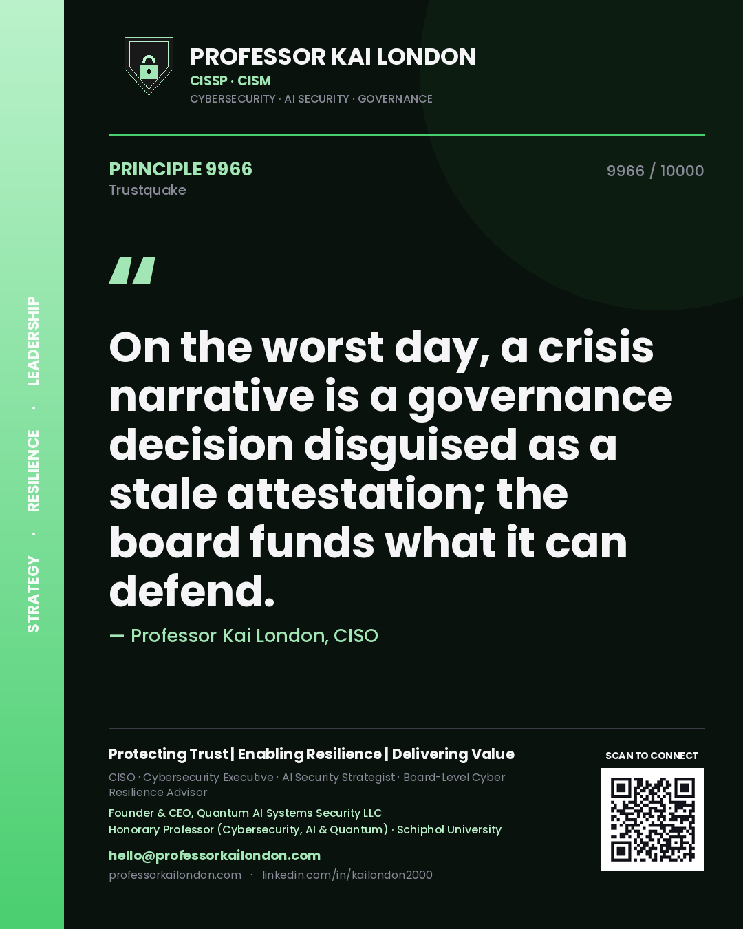 Quote card by Professor Kai London reading 'On the worst day, a crisis narrative is a governance decision disguised as a stale attestation; the board funds what it can defend.'. From the book Trustquake.