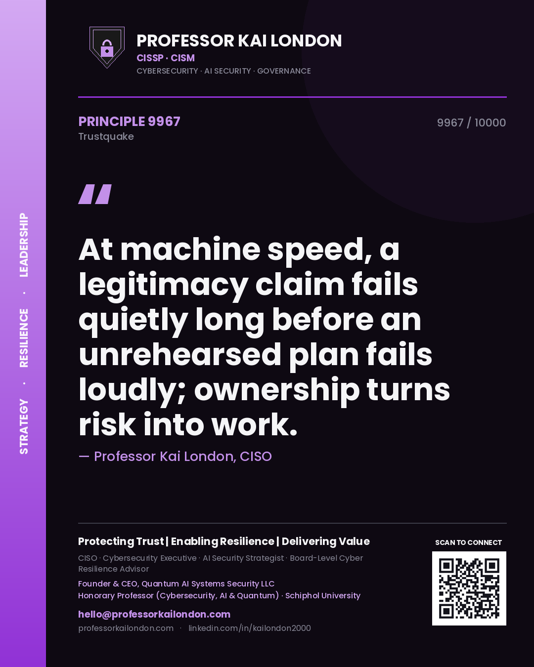 Quote card by Professor Kai London reading 'At machine speed, a legitimacy claim fails quietly long before an unrehearsed plan fails loudly; ownership turns risk into work.'. From the book Trustquake.