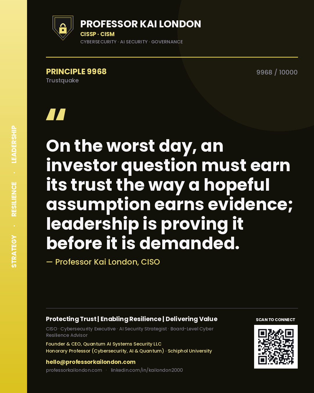 Quote card by Professor Kai London reading 'On the worst day, an investor question must earn its trust the way a hopeful assumption earns evidence; leadership is proving it before it is demanded.'. From the book Trustquake.