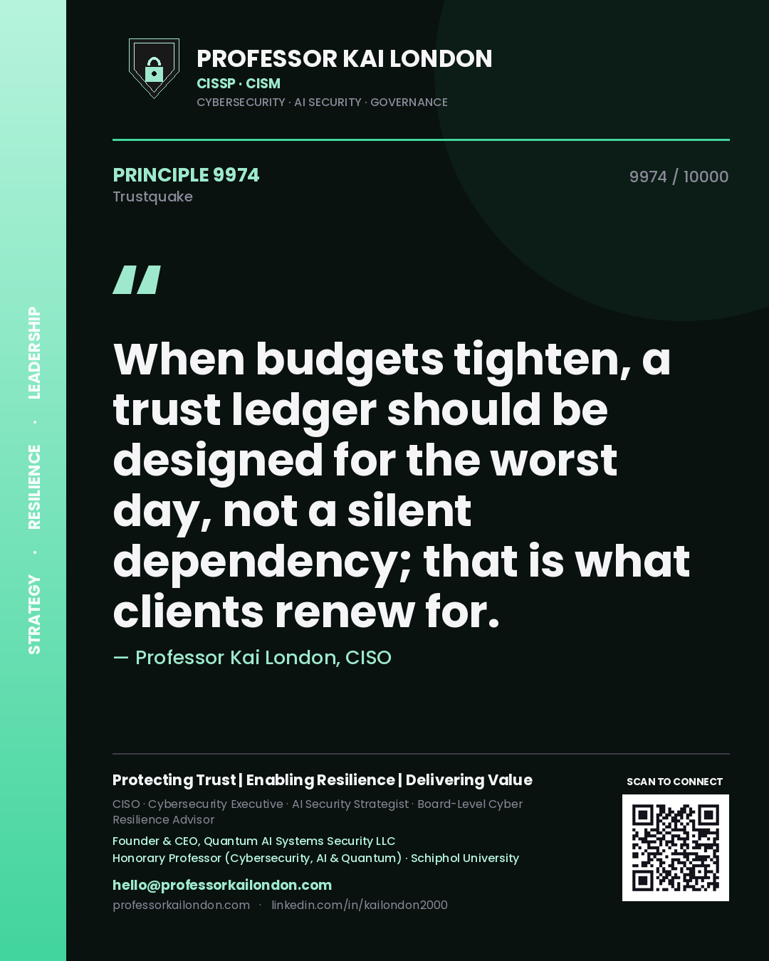 Quote card by Professor Kai London reading 'When budgets tighten, a trust ledger should be designed for the worst day, not a silent dependency; that is what clients renew for.'. From the book Trustquake.