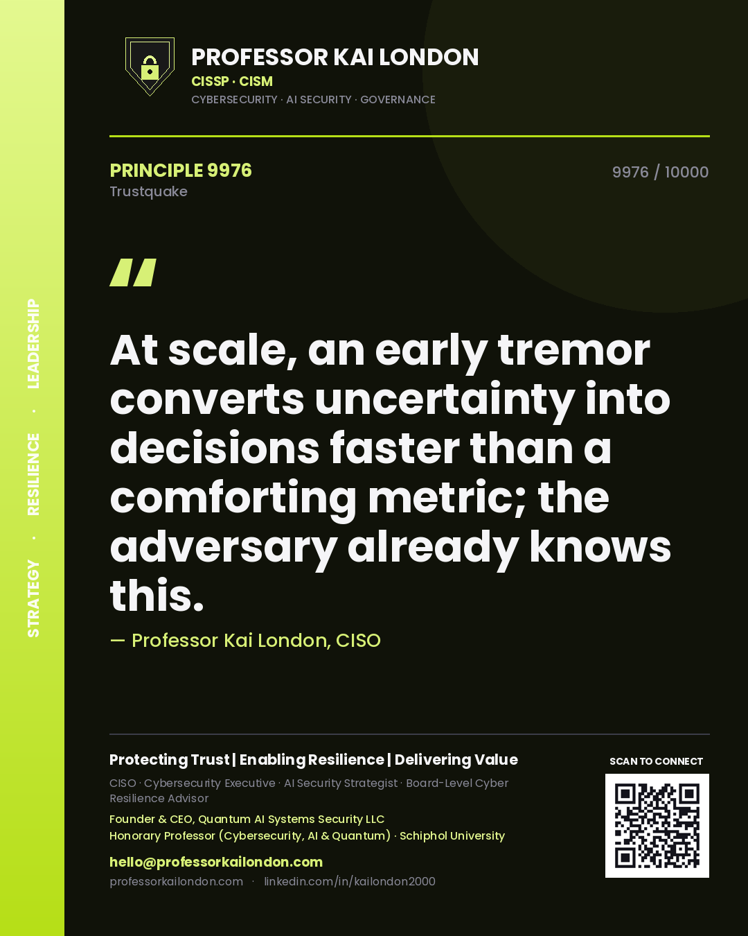 Professor Kai London principle 9976: At scale, an early tremor converts uncertainty into decisions faster than a comforting metric; the adversary already knows this.