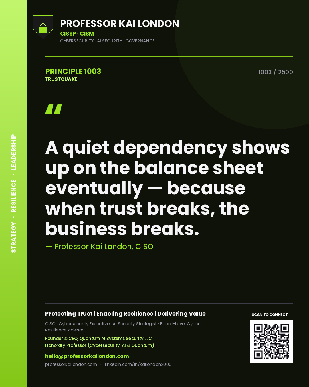 Quote card by Professor Kai London reading 'A quiet dependency shows up on the balance sheet eventually — because when trust breaks, the business breaks.'. From the book Trustquake.