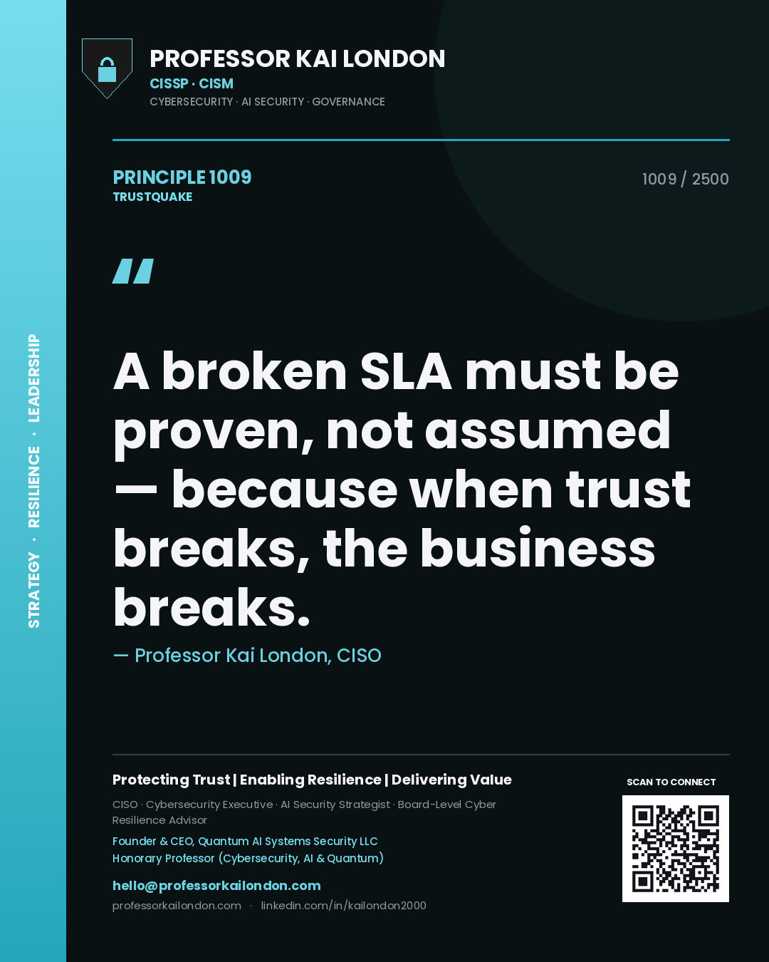 Quote card by Professor Kai London reading 'A broken SLA must be proven, not assumed — because when trust breaks, the business breaks.'. From the book Trustquake.