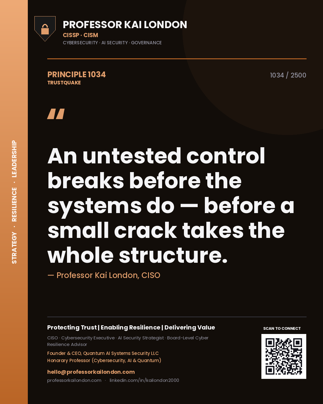 Quote card by Professor Kai London reading 'An untested control breaks before the systems do — before a small crack takes the whole structure.'. From the book Trustquake.