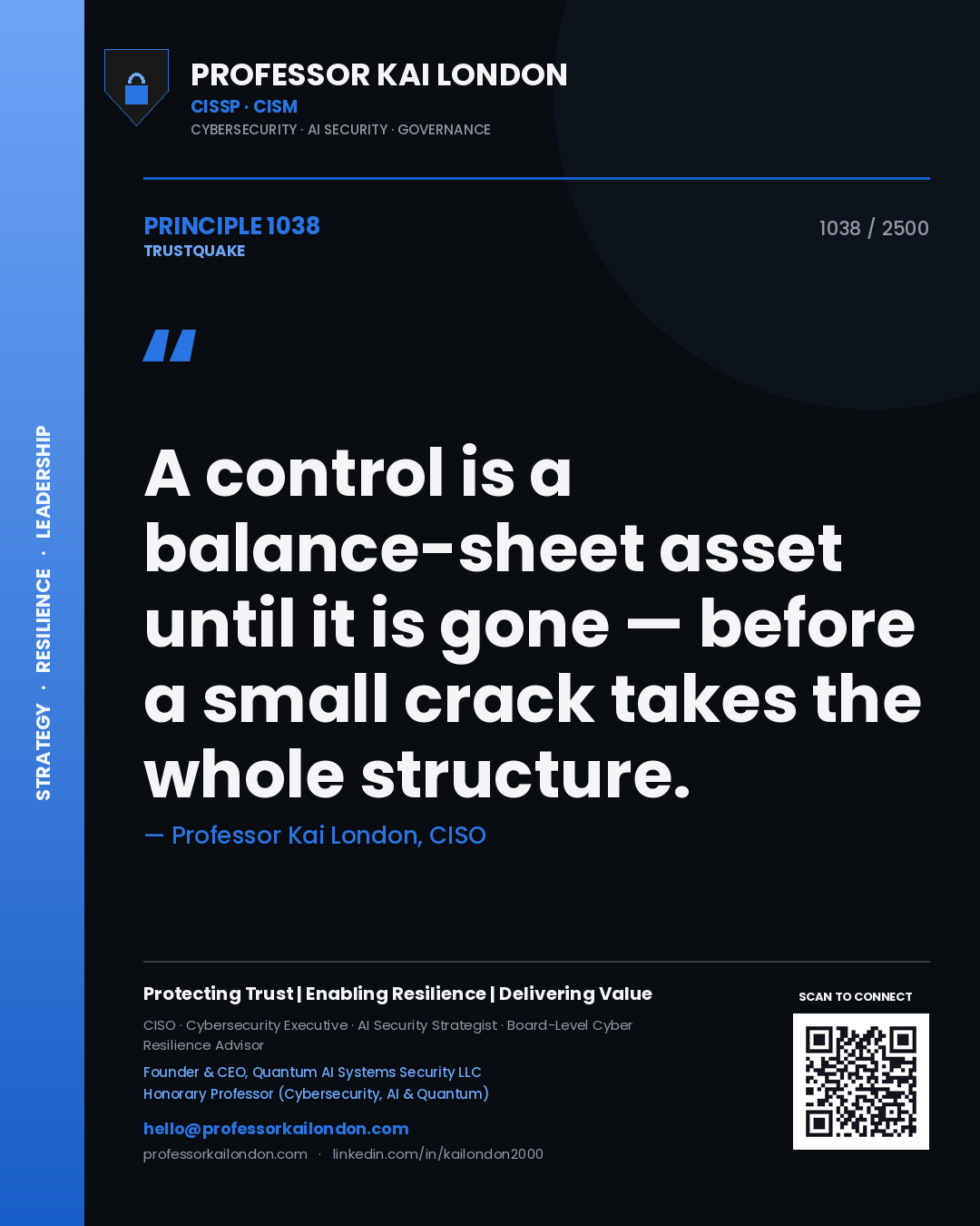 Quote card by Professor Kai London reading 'A control is a balance-sheet asset until it is gone — before a small crack takes the whole structure.'. From the book Trustquake.