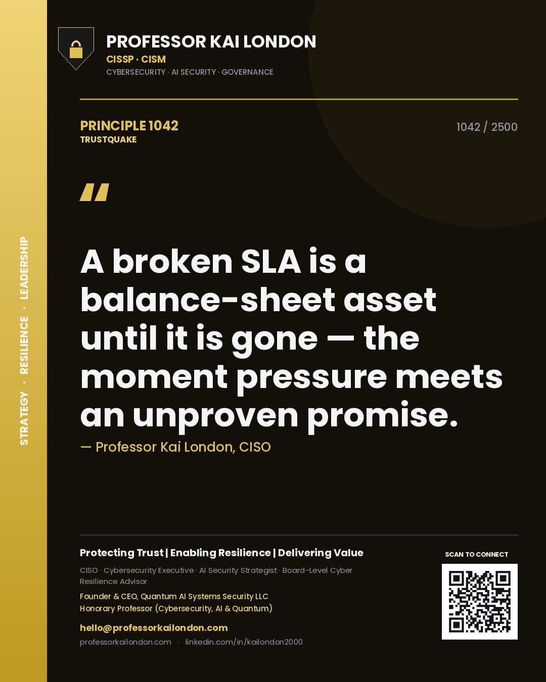 Quote card by Professor Kai London reading 'A broken SLA is a balance-sheet asset until it is gone — the moment pressure meets an unproven promise.'. From the book Trustquake.