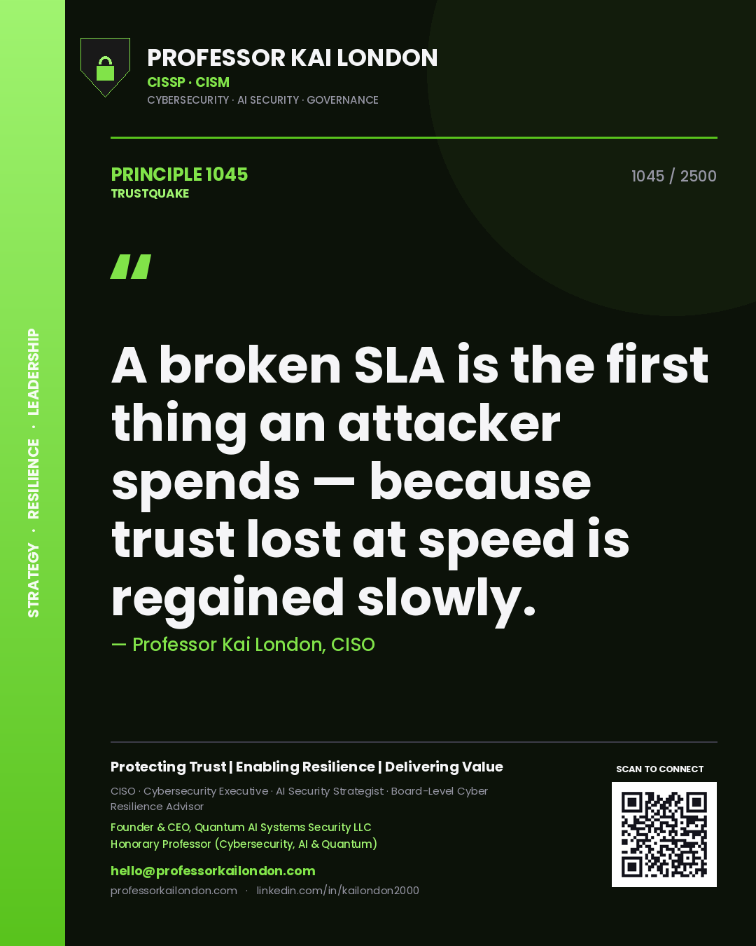 Quote card by Professor Kai London reading 'A broken SLA is the first thing an attacker spends — because trust lost at speed is regained slowly.'. From the book Trustquake.