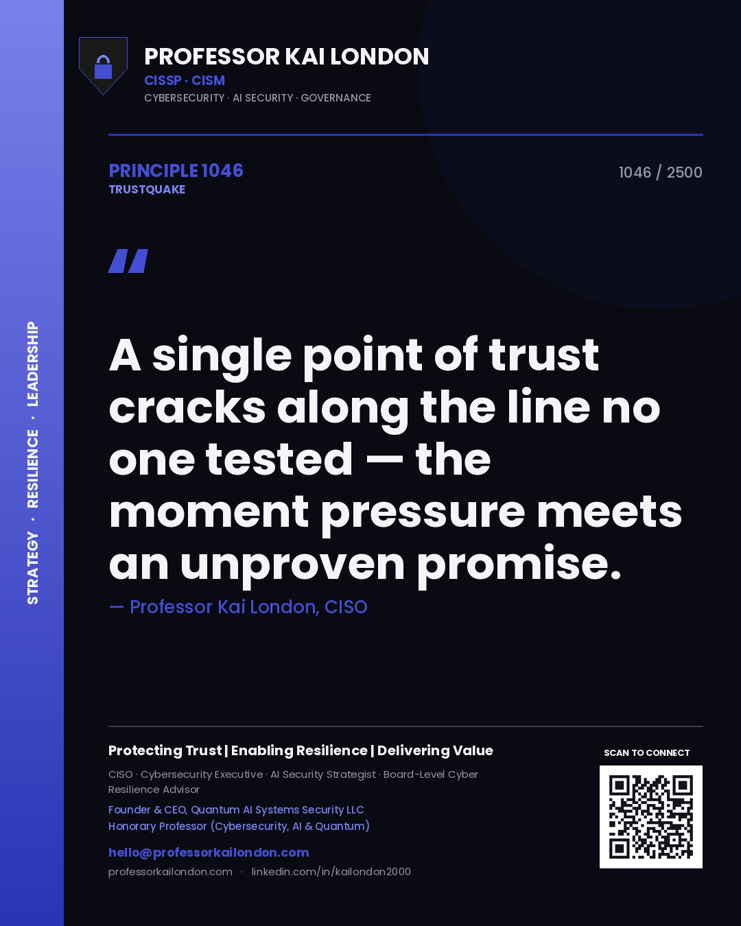 Quote card by Professor Kai London reading 'A single point of trust cracks along the line no one tested — the moment pressure meets an unproven promise.'. From the book Trustquake.