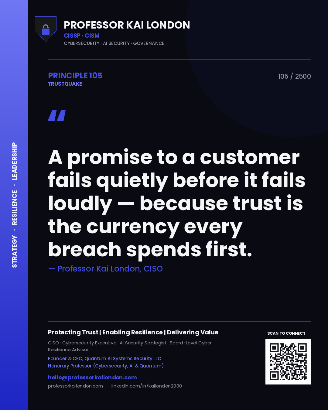 Quote card by Professor Kai London reading 'A promise to a customer fails quietly before it fails loudly — because trust is the currency every breach spends first.'. From the book Trustquake.