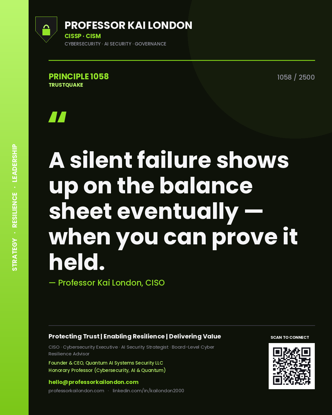 Quote card by Professor Kai London reading 'A silent failure shows up on the balance sheet eventually — when you can prove it held.'. From the book Trustquake.