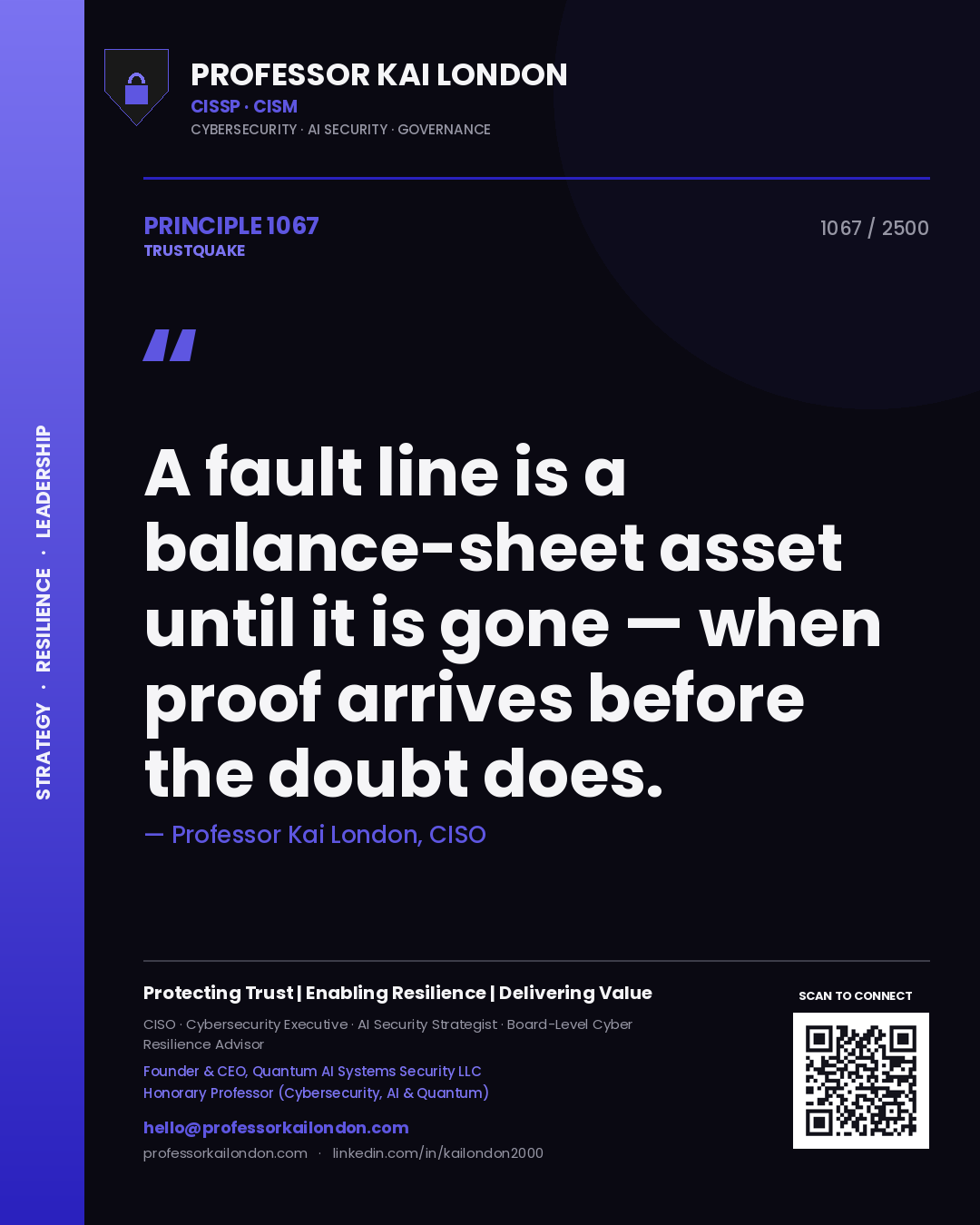 Quote card by Professor Kai London reading 'A fault line is a balance-sheet asset until it is gone — when proof arrives before the doubt does.'. From the book Trustquake.