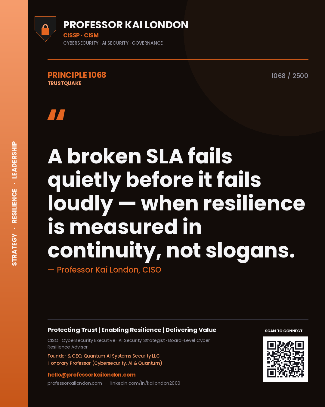 Quote card by Professor Kai London reading 'A broken SLA fails quietly before it fails loudly — when resilience is measured in continuity, not slogans.'. From the book Trustquake.