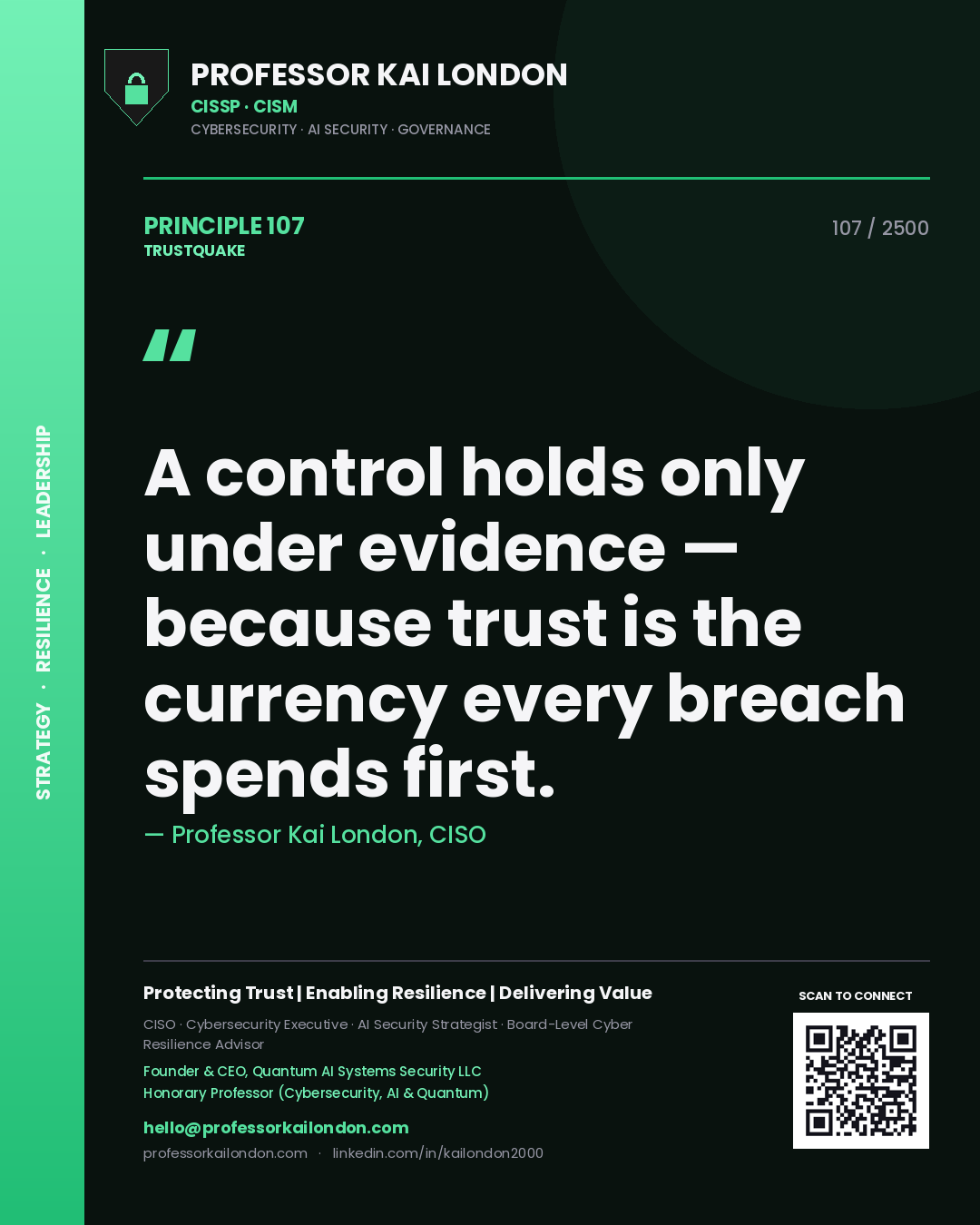 Quote card by Professor Kai London reading 'A control holds only under evidence — because trust is the currency every breach spends first.'. From the book Trustquake.