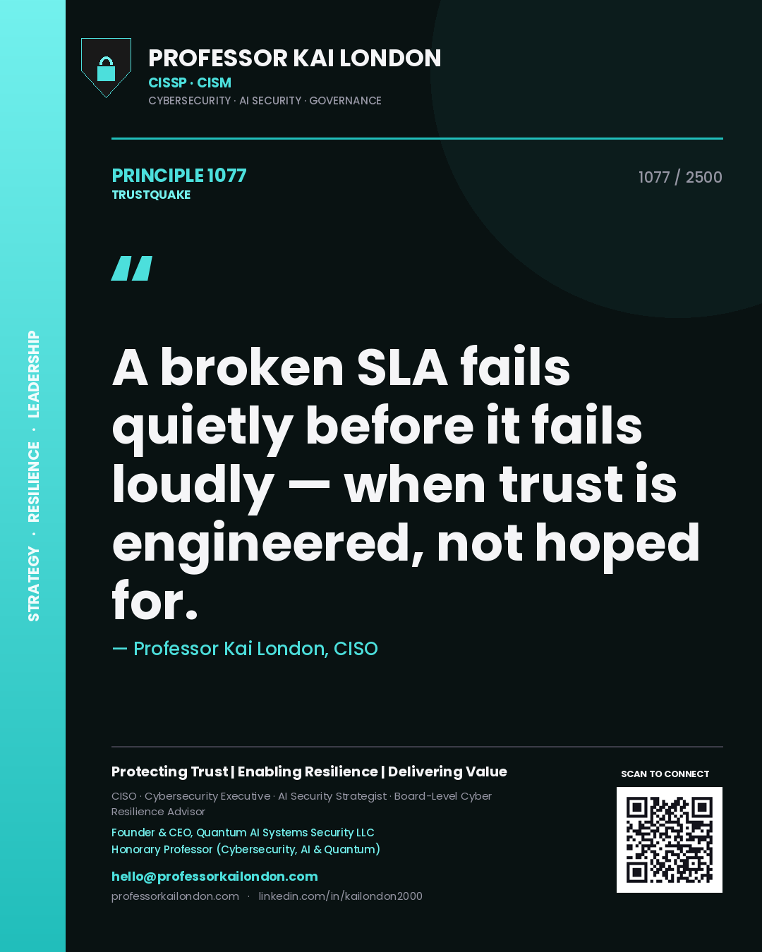 Quote card by Professor Kai London reading 'A broken SLA fails quietly before it fails loudly — when trust is engineered, not hoped for.'. From the book Trustquake.
