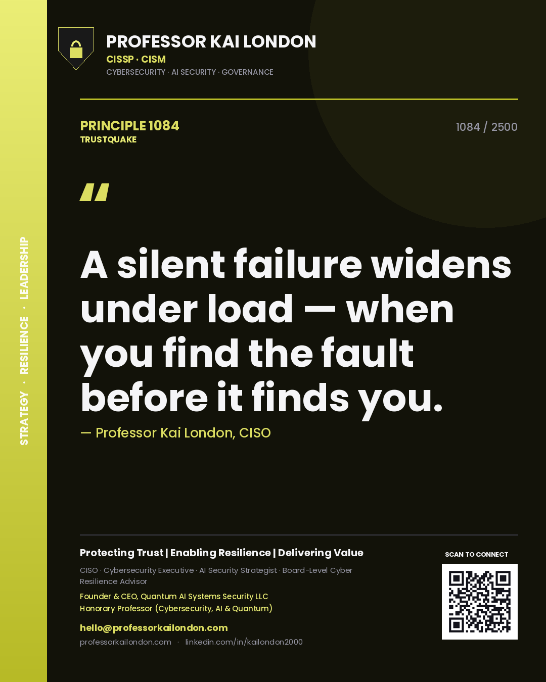 Quote card by Professor Kai London reading 'A silent failure widens under load — when you find the fault before it finds you.'. From the book Trustquake.
