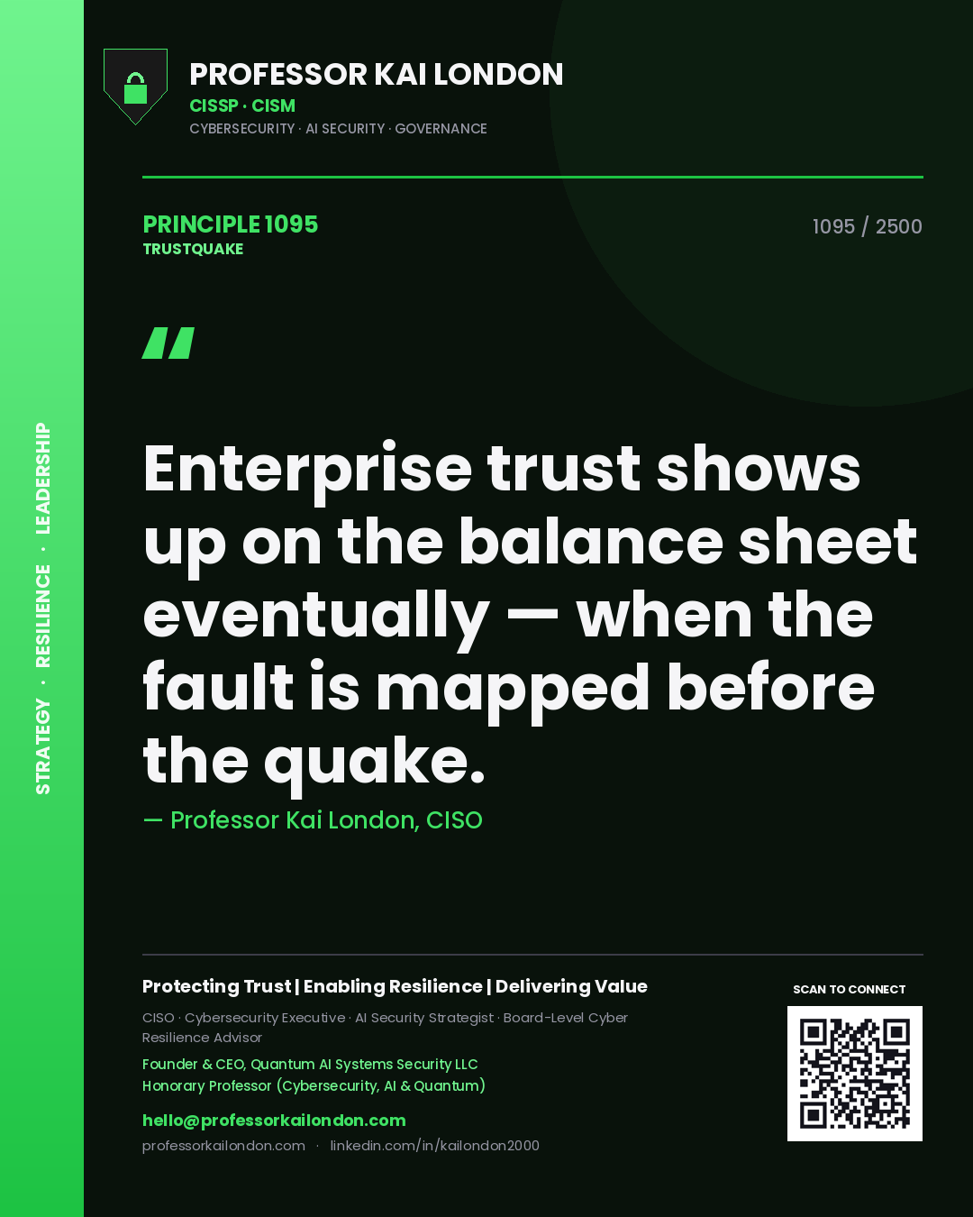 Quote card by Professor Kai London reading 'Enterprise trust shows up on the balance sheet eventually — when the fault is mapped before the quake.'. From the book Trustquake.