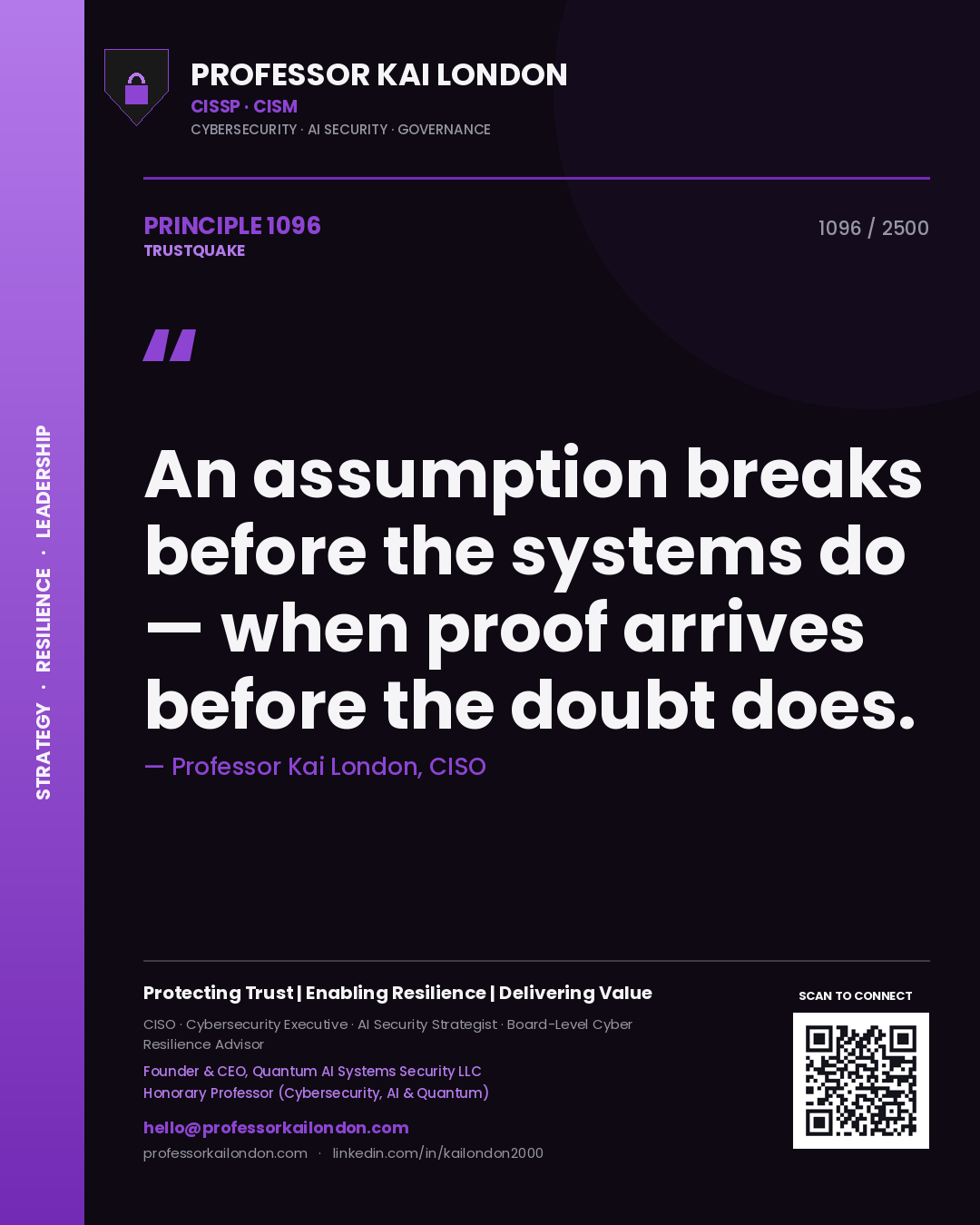 Quote card by Professor Kai London reading 'An assumption breaks before the systems do — when proof arrives before the doubt does.'. From the book Trustquake.