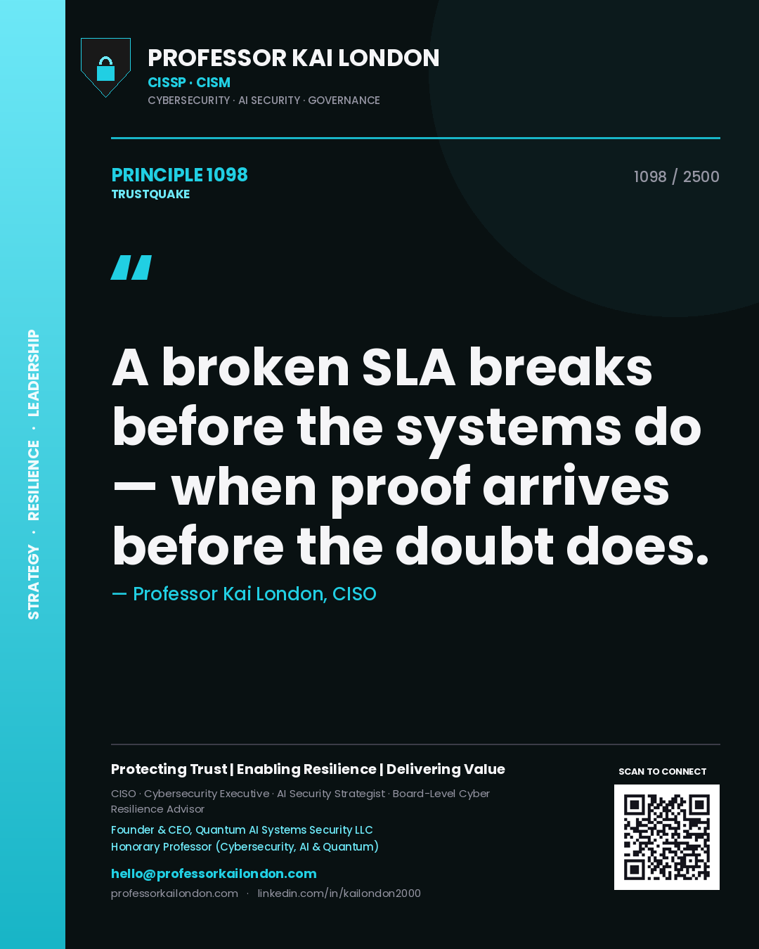 Quote card by Professor Kai London reading 'A broken SLA breaks before the systems do — when proof arrives before the doubt does.'. From the book Trustquake.