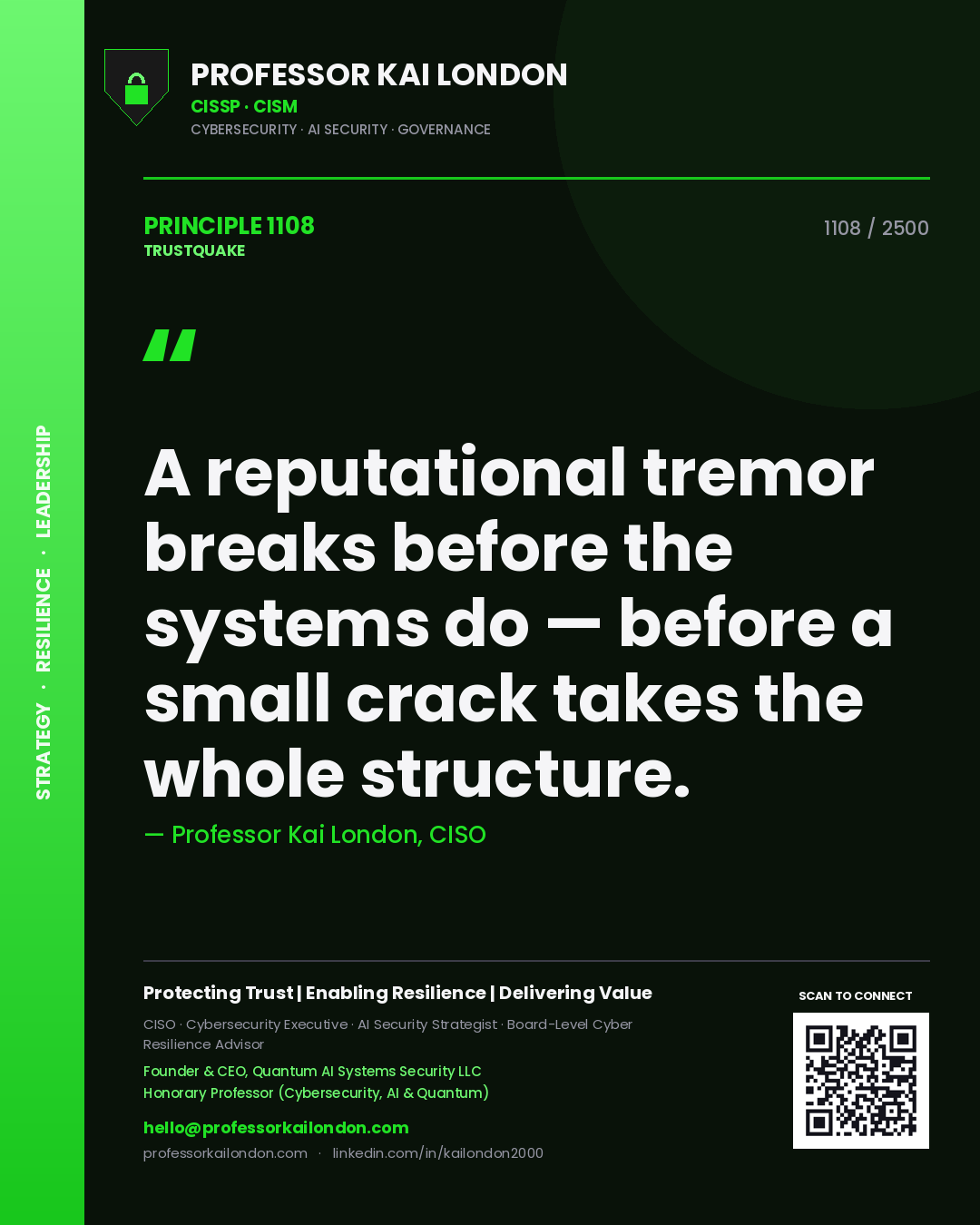 Quote card by Professor Kai London reading 'A reputational tremor breaks before the systems do — before a small crack takes the whole structure.'. From the book Trustquake.