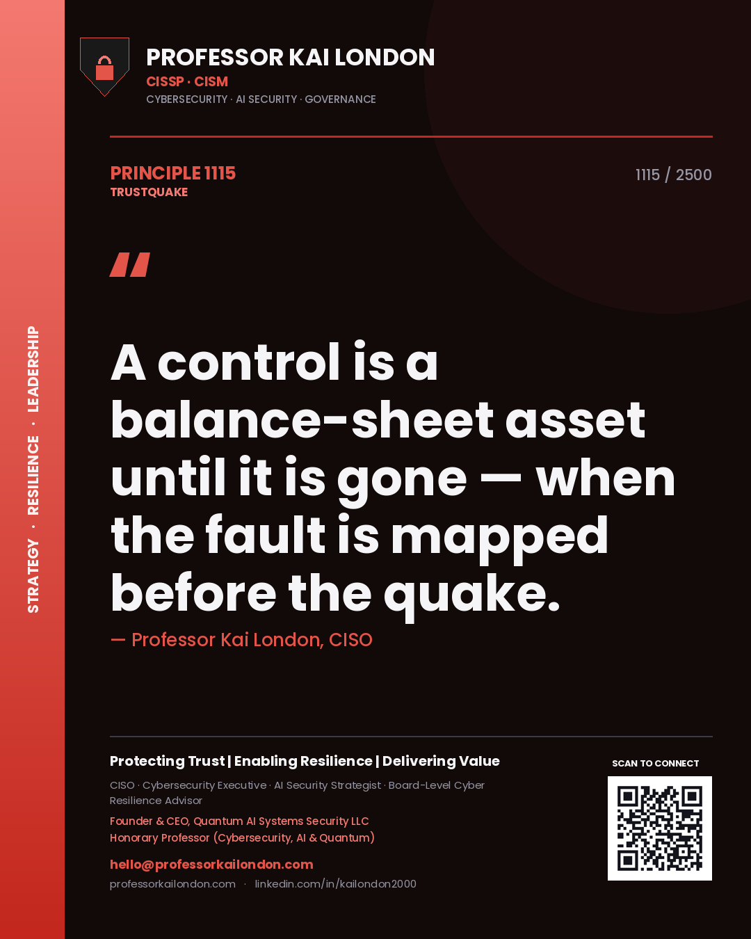 Quote card by Professor Kai London reading 'A control is a balance-sheet asset until it is gone — when the fault is mapped before the quake.'. From the book Trustquake.