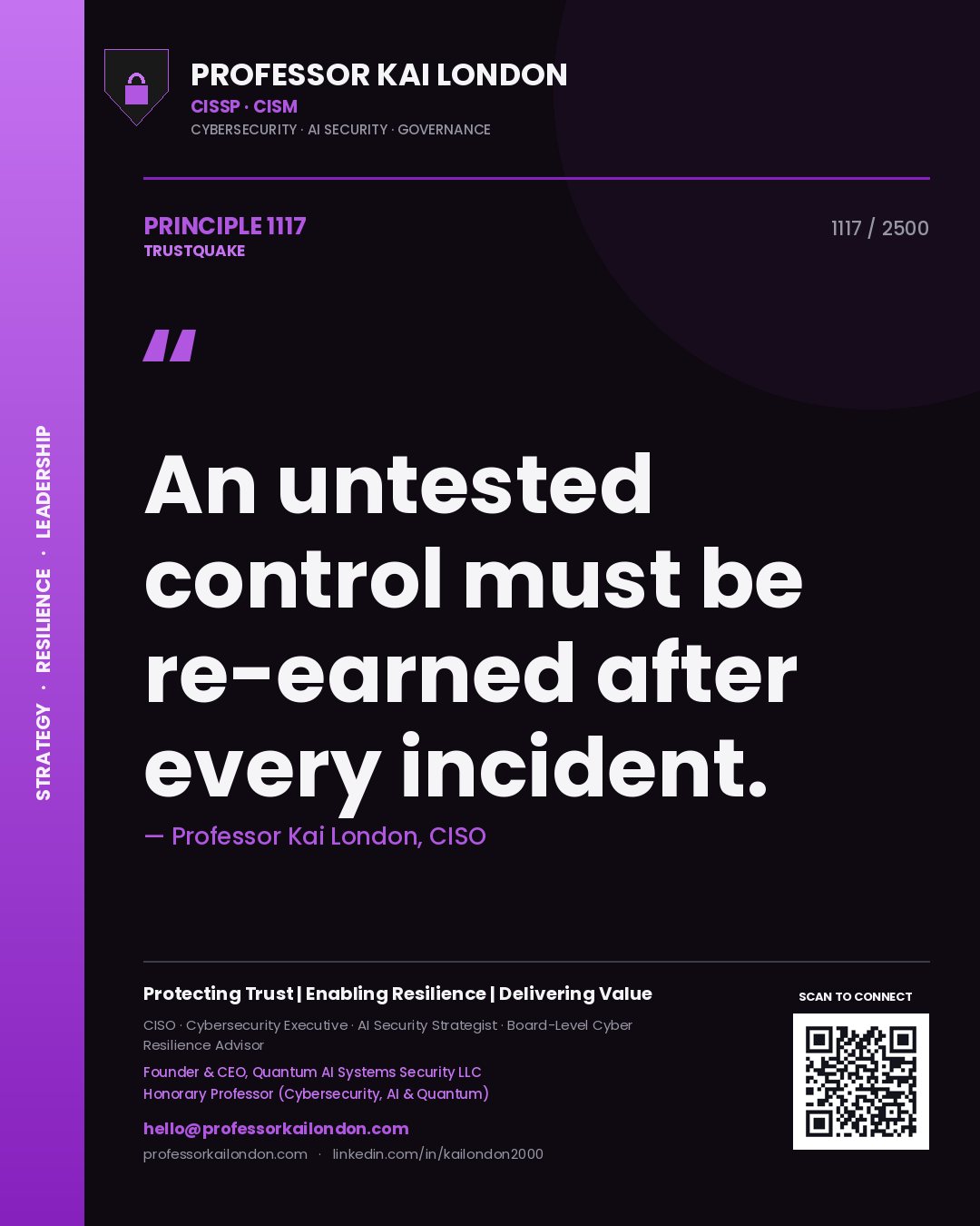 Quote card by Professor Kai London reading 'An untested control must be re-earned after every incident.'. From the book Trustquake.