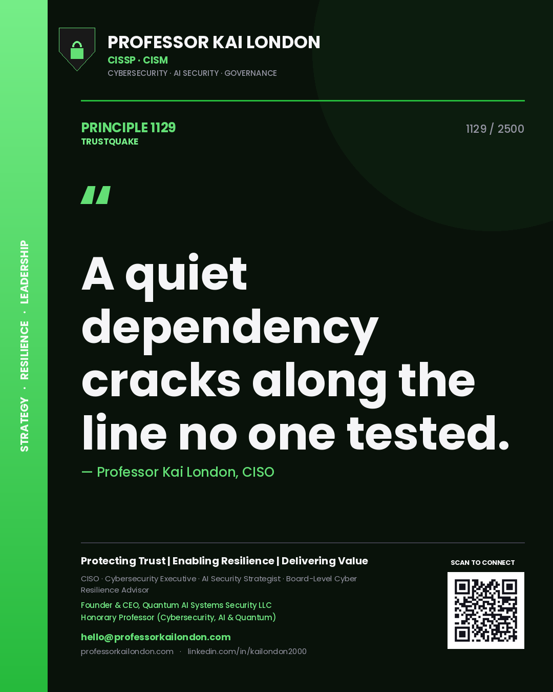 Quote card by Professor Kai London reading 'A quiet dependency cracks along the line no one tested.'. From the book Trustquake.