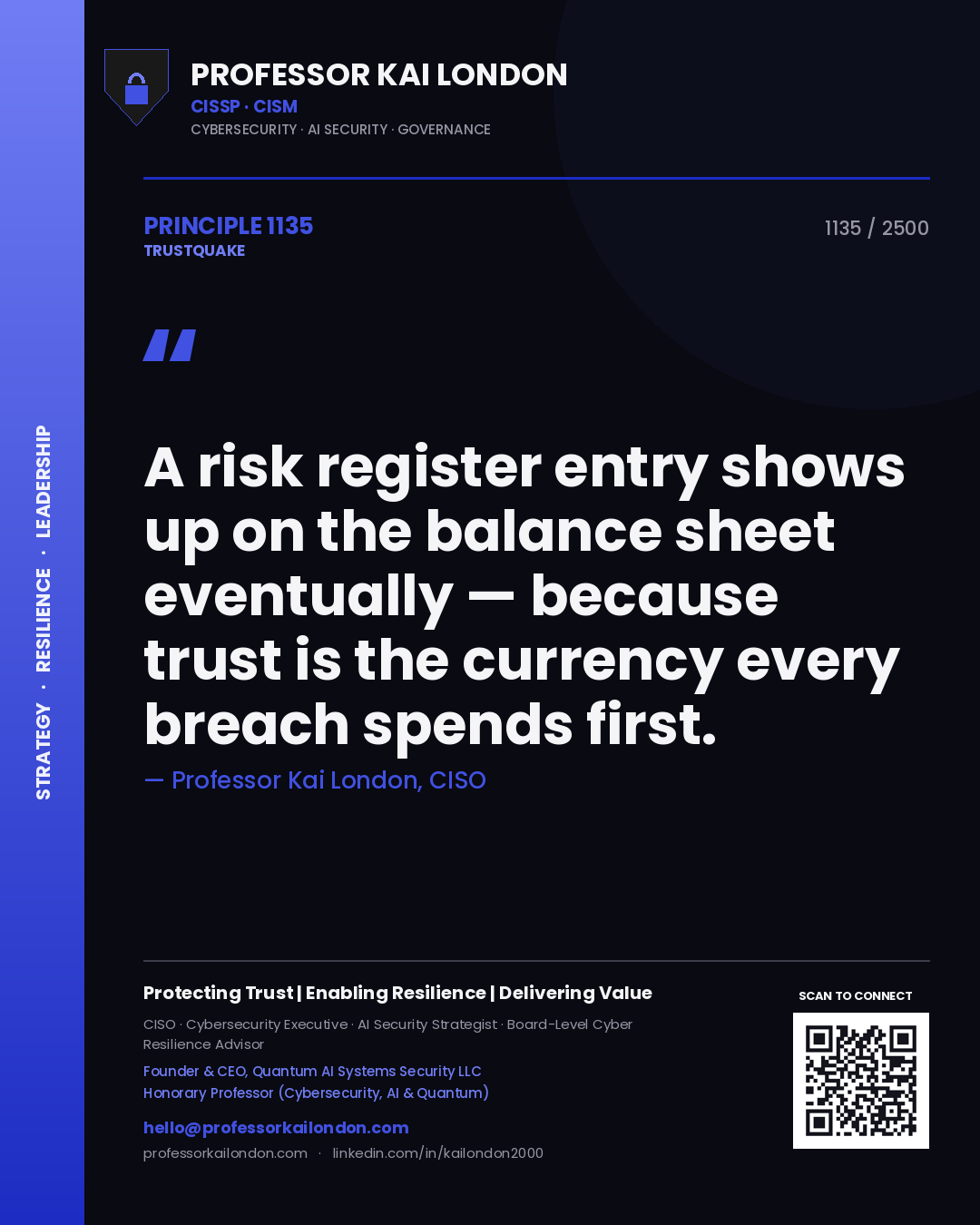 Quote card by Professor Kai London reading 'A risk register entry shows up on the balance sheet eventually — because trust is the currency every breach spends first.'. From the book Trustquake.
