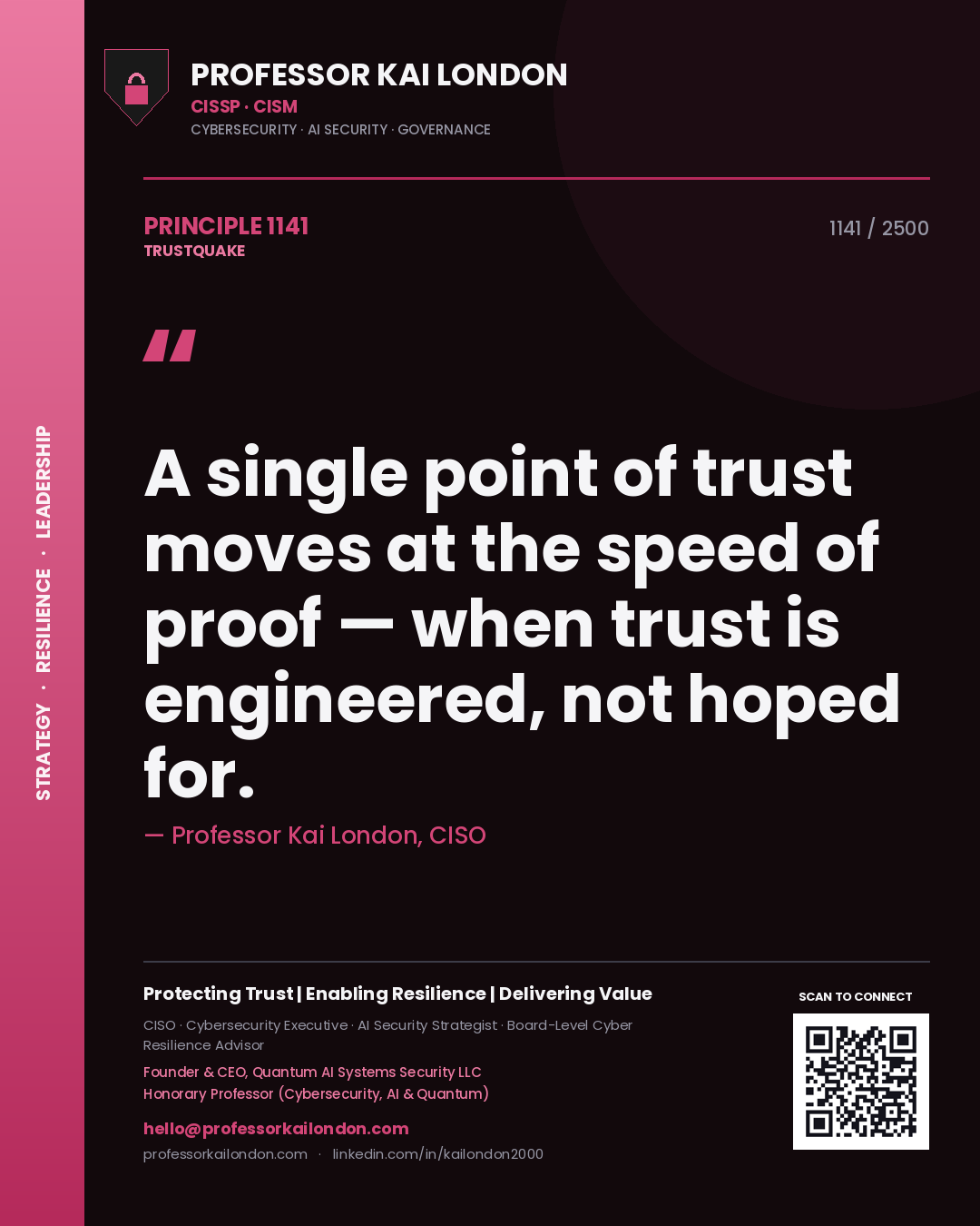 Quote card by Professor Kai London reading 'A single point of trust moves at the speed of proof — when trust is engineered, not hoped for.'. From the book Trustquake.