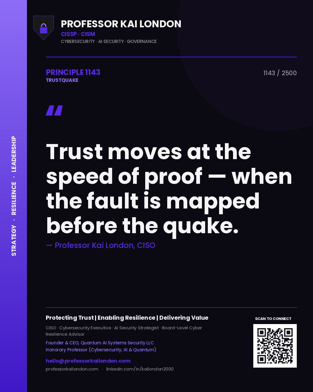 Quote card by Professor Kai London reading 'Trust moves at the speed of proof — when the fault is mapped before the quake.'. From the book Trustquake.