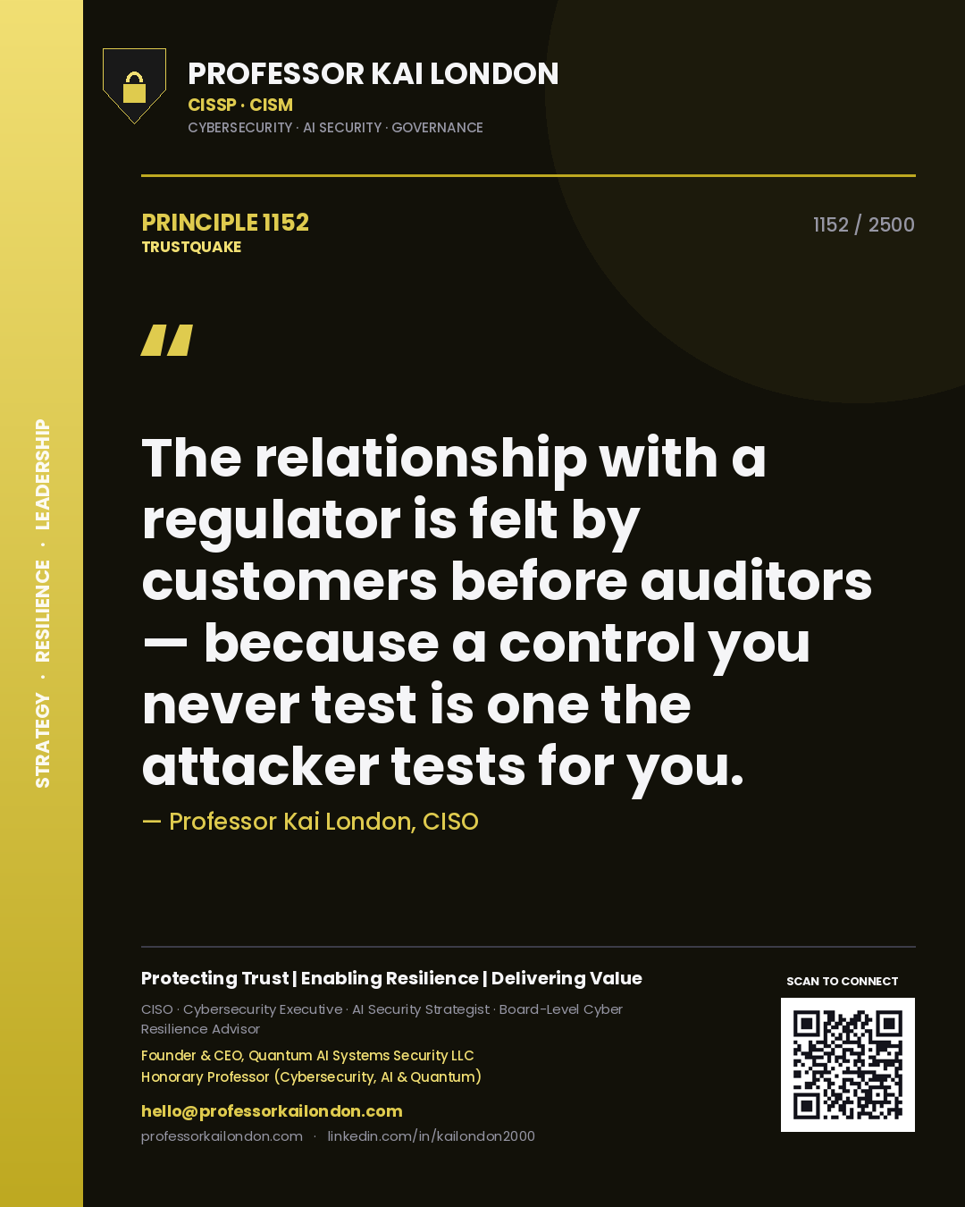 Quote card by Professor Kai London reading 'The relationship with a regulator is felt by customers before auditors — because a control you never test is one the attacker tests for you.'. From the book Trustquake.