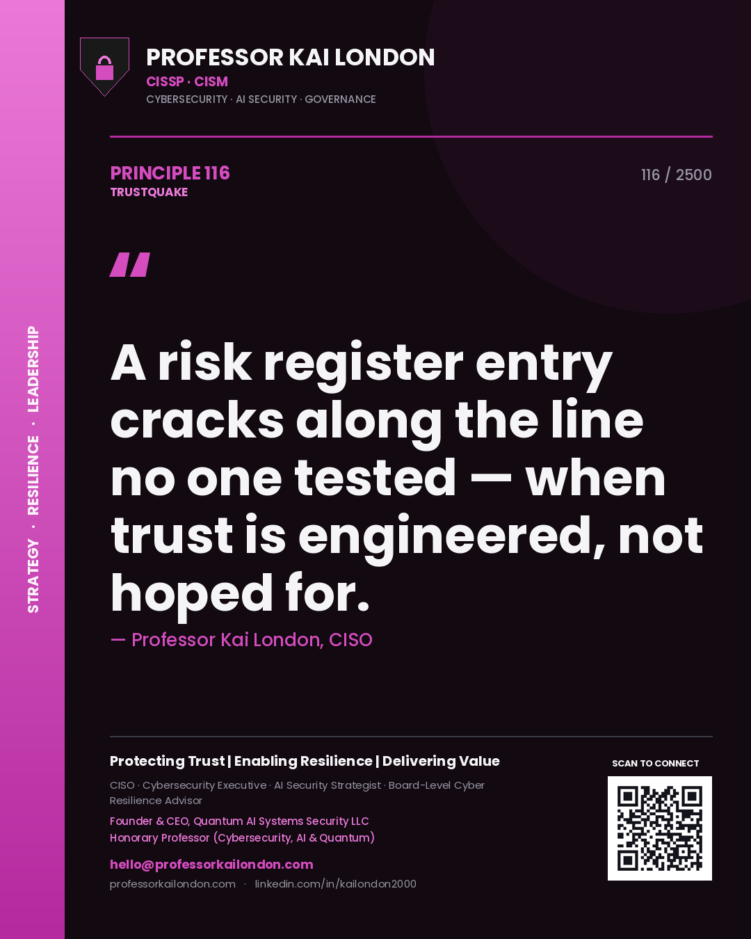Professor Kai London principle 116: A risk register entry cracks along the line no one tested — when trust is engineered, not hoped for.