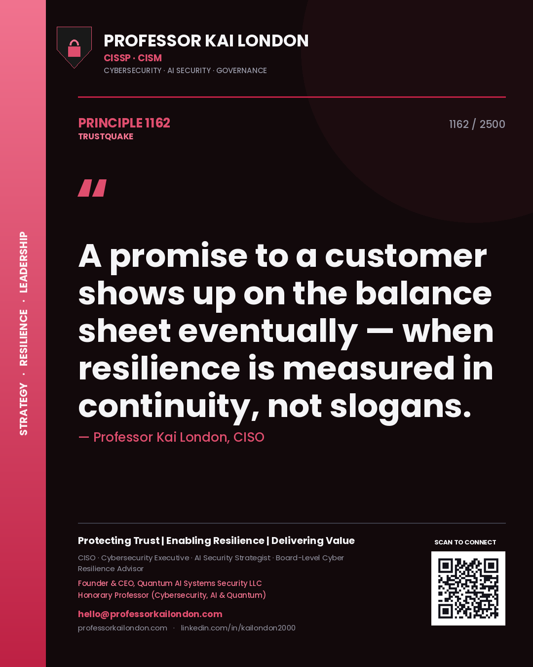 Quote card by Professor Kai London reading 'A promise to a customer shows up on the balance sheet eventually — when resilience is measured in continuity, not slogans.'. From the book Trustquake.