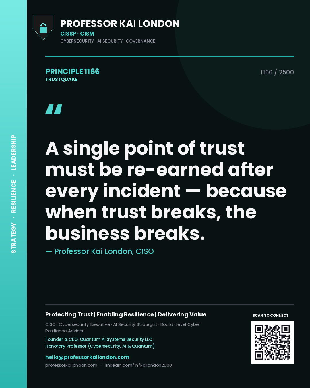 Quote card by Professor Kai London reading 'A single point of trust must be re-earned after every incident — because when trust breaks, the business breaks.'. From the book Trustquake.
