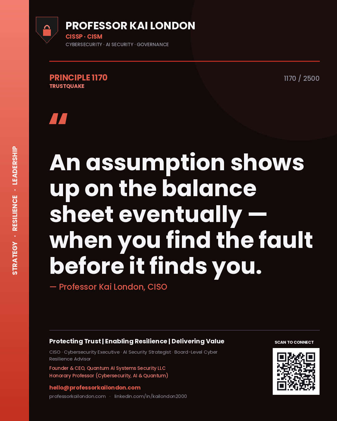 Quote card by Professor Kai London reading 'An assumption shows up on the balance sheet eventually — when you find the fault before it finds you.'. From the book Trustquake.
