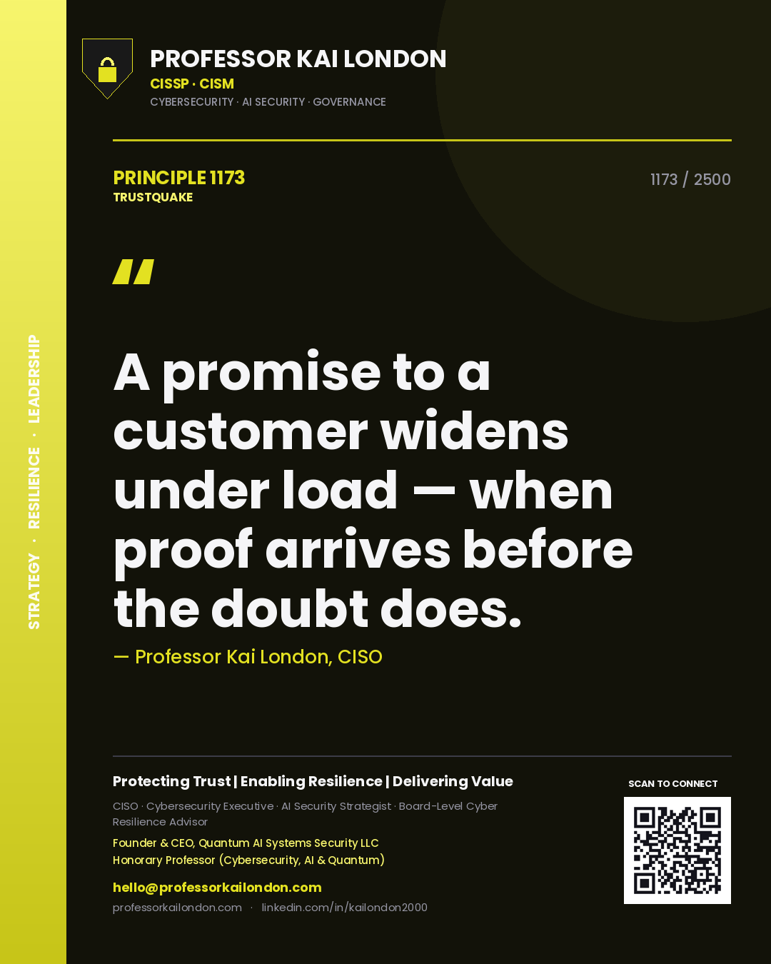 Professor Kai London principle 1173: A promise to a customer widens under load — when proof arrives before the doubt does.