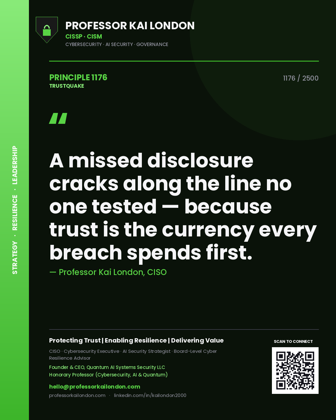 Professor Kai London principle 1176: A missed disclosure cracks along the line no one tested — because trust is the currency every breach spends first.