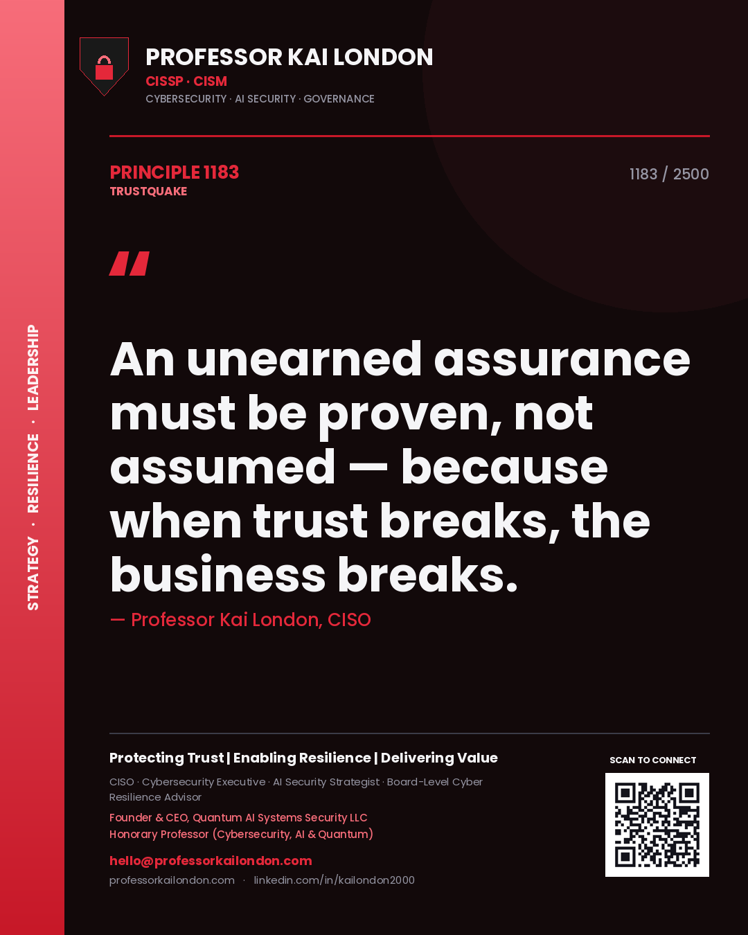 Quote card by Professor Kai London reading 'An unearned assurance must be proven, not assumed — because when trust breaks, the business breaks.'. From the book Trustquake.