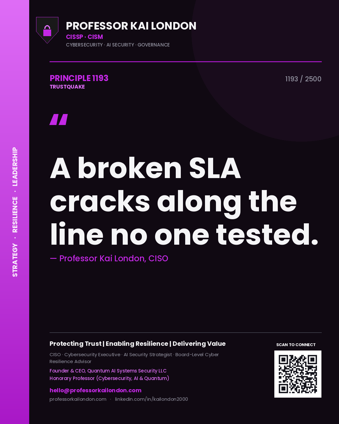 Quote card by Professor Kai London reading 'A broken SLA cracks along the line no one tested.'. From the book Trustquake.