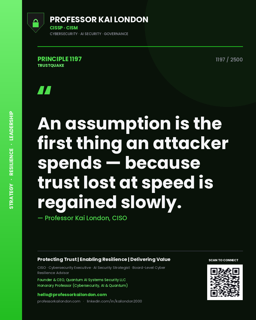 Professor Kai London principle 1197: An assumption is the first thing an attacker spends — because trust lost at speed is regained slowly.