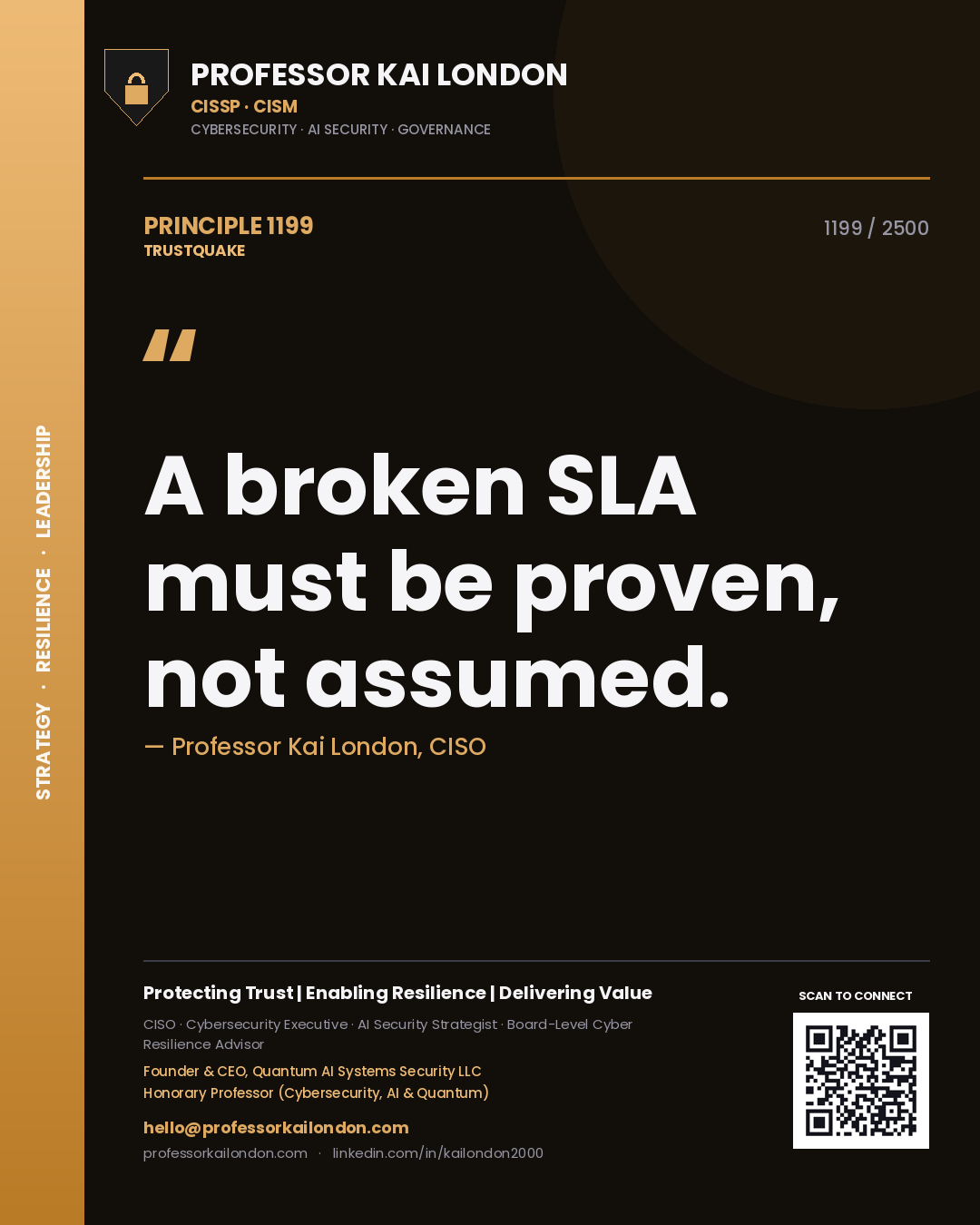Quote card by Professor Kai London reading 'A broken SLA must be proven, not assumed.'. From the book Trustquake.