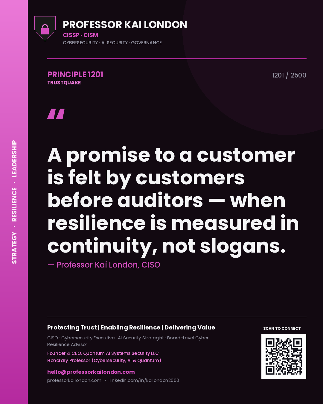 Quote card by Professor Kai London reading 'A promise to a customer is felt by customers before auditors — when resilience is measured in continuity, not slogans.'. From the book Trustquake.