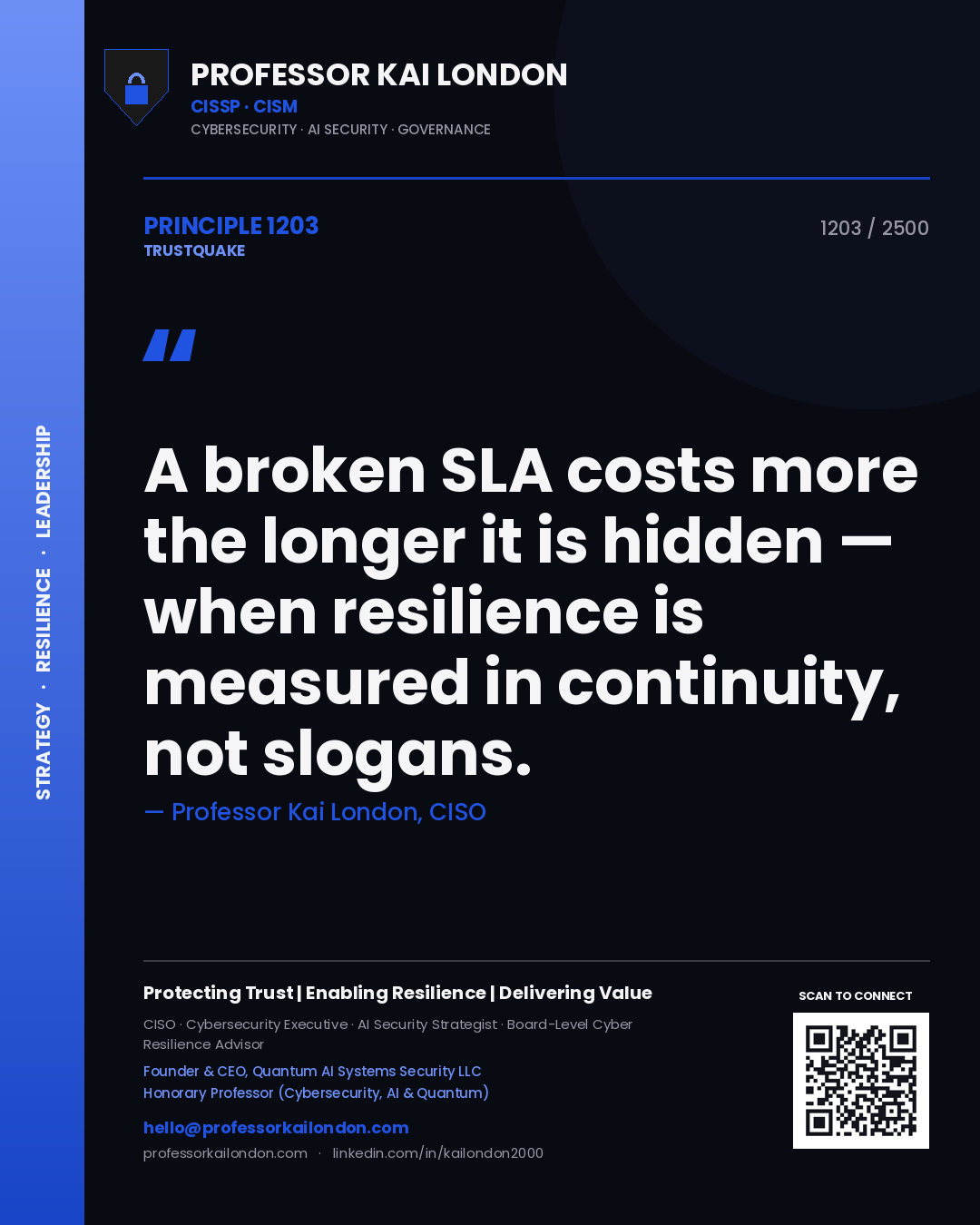 Quote card by Professor Kai London reading 'A broken SLA costs more the longer it is hidden — when resilience is measured in continuity, not slogans.'. From the book Trustquake.