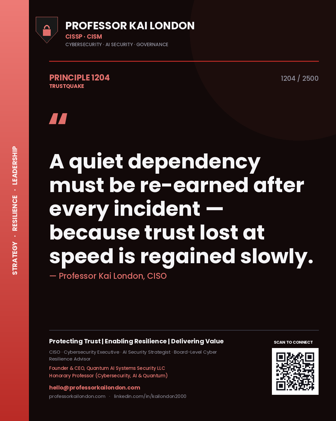 Quote card by Professor Kai London reading 'A quiet dependency must be re-earned after every incident — because trust lost at speed is regained slowly.'. From the book Trustquake.