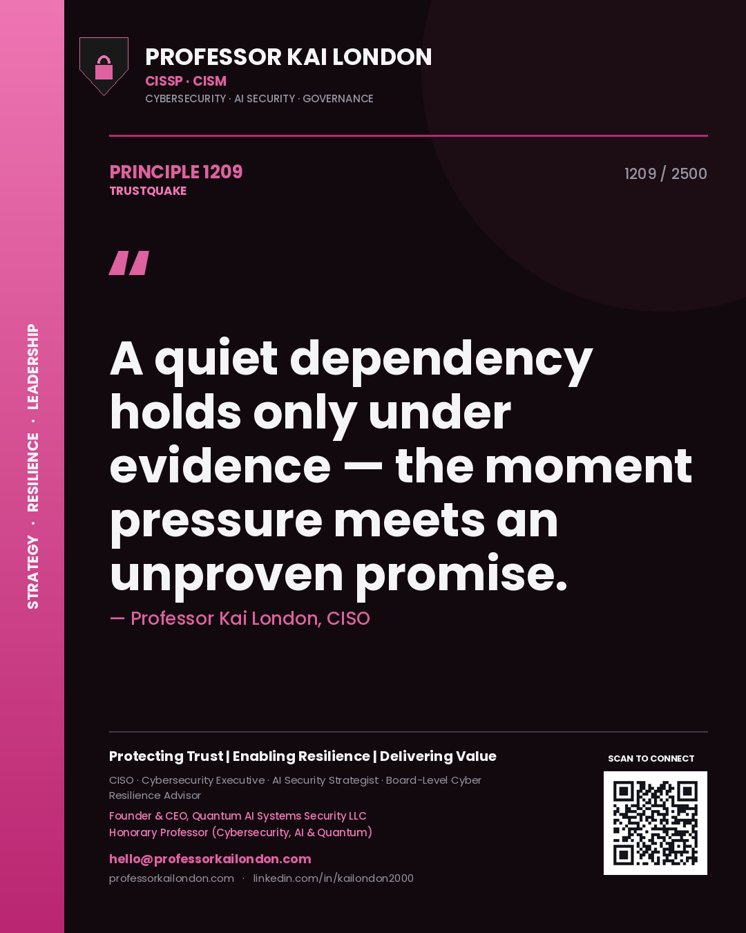 Professor Kai London principle 1209: A quiet dependency holds only under evidence — the moment pressure meets an unproven promise.