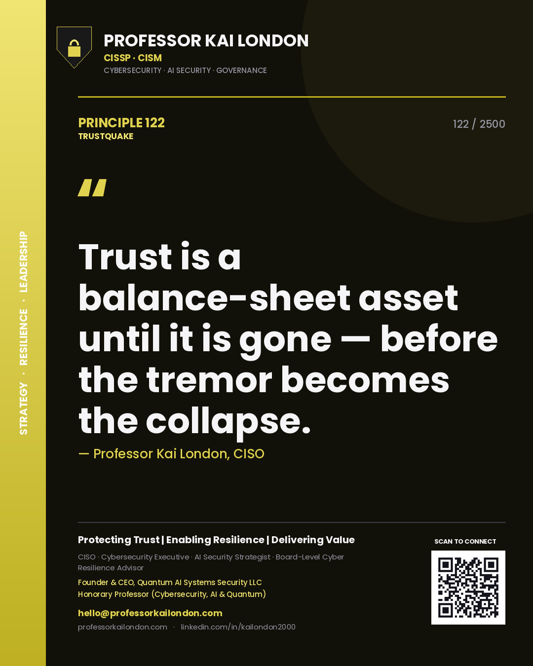 Quote card by Professor Kai London reading 'Trust is a balance-sheet asset until it is gone — before the tremor becomes the collapse.'. From the book Trustquake.